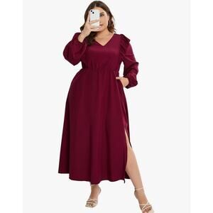 Kojooin Burgundy Long Sleeve Plus Size Maxi Dress V Neck- 3XL- NEW